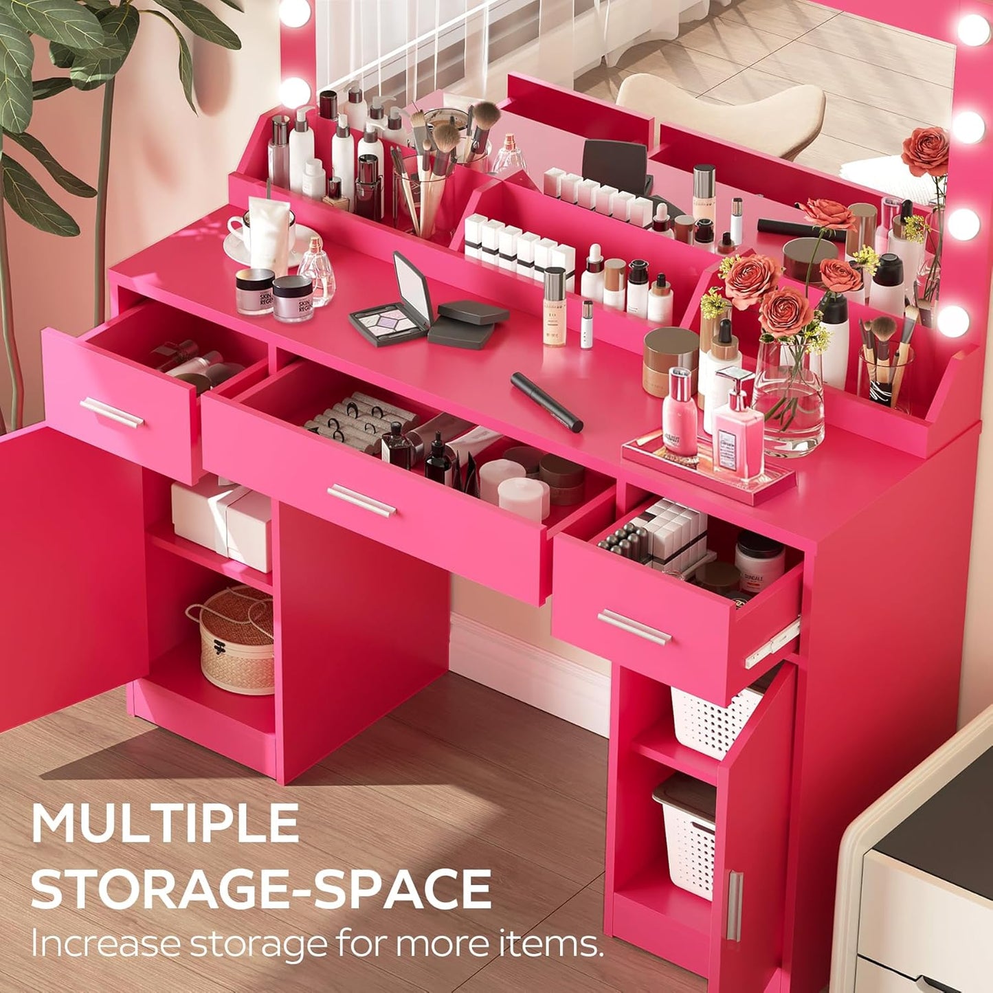 47.5” Vanity Desk with Large Mirror, 3 Colour Lighting Modes, Adjustable Brightness, Dresser with 3 Drawers & 2 Vertical Cabinets, Makeup Vanity Table for Women Girls