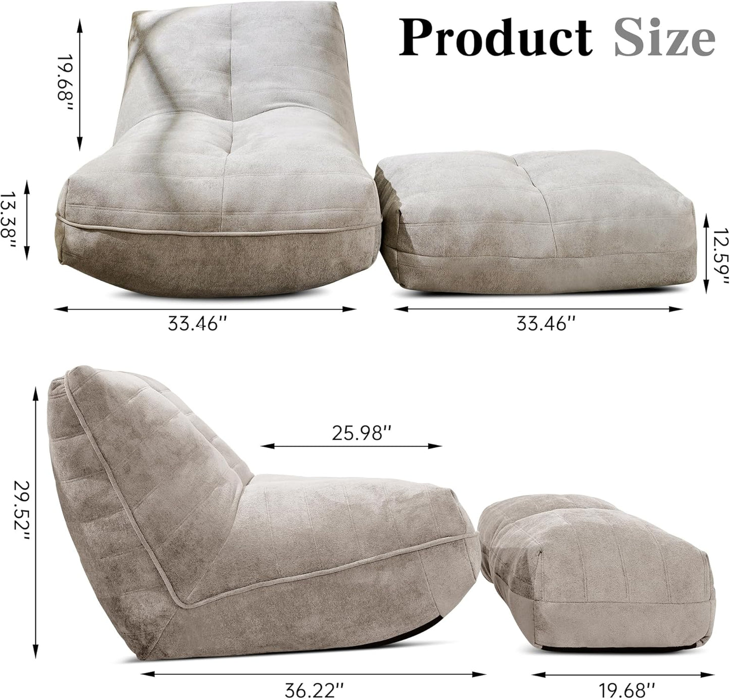 Bean Bag Chair with Ottoman, Comfy Bean Bag Sofa with Memory Foam, Lazy BeanBag Sofa with Footstool, Fireside Bean Bag Couch for Living Room, Bedroom, Apartment (Gray)