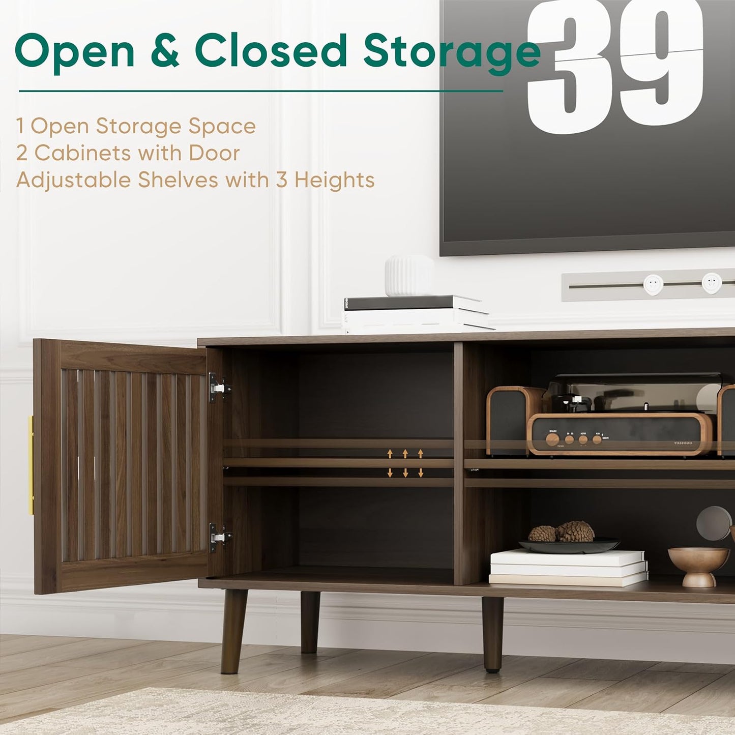 Smuxee Walnut TV Stand with Grille Striped Design, 62.99" Mid Century Modern TV Media Console for TVs up to 70", TV Cabinet with Adjustable Shelf & 2 Cabinets for Living Room