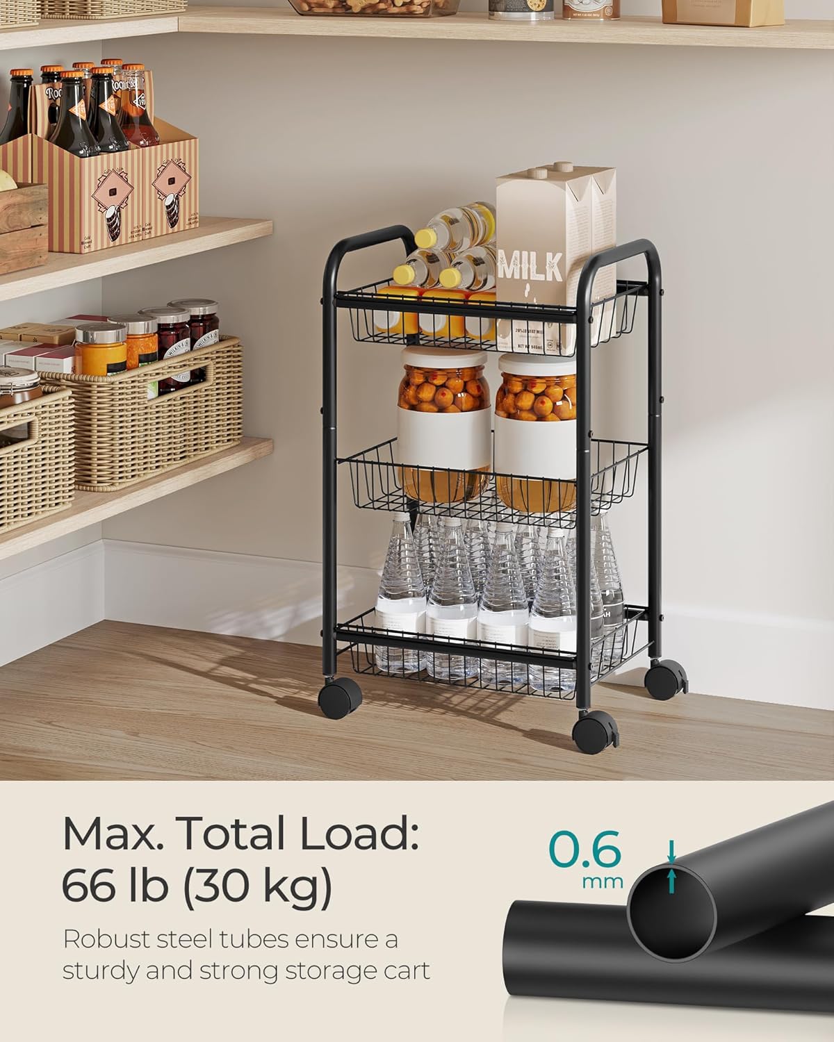 SONGMICS 3-Tier Metal Rolling Cart on Wheels with Baskets, Lockable Utility Trolley with Handles for Kitchen Bathroom Closet, Storage with Removable Shelves, Black UBSC03BK