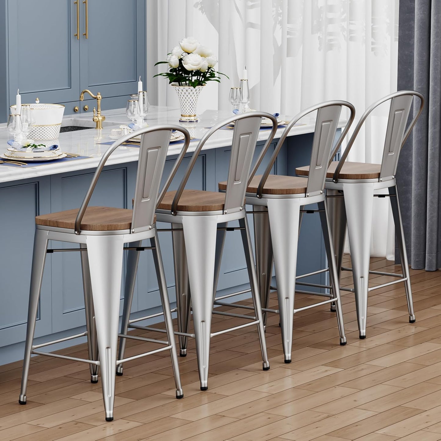 Yongqiang 24 inch Bar Stools Set of 4 High Back Kitchen Counter Height Bar Chairs Silver Metal Barstools with Large Wooden Seat