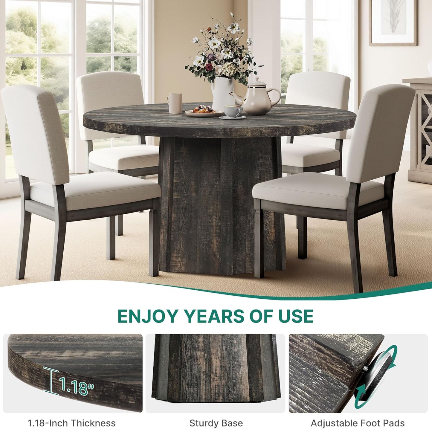 DWVO 47" Round Dining Table for 4-6 People Farmhouse Industrial Dinning Room Table with 1.18" Thickness Wood Grain Tabletop Rustic Circle Dining Table with Hexagonal Base for Eating Dinner Grey