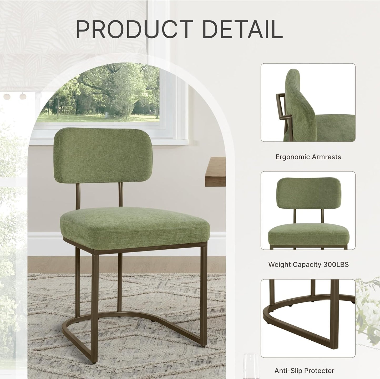 Dining Chairs Set of 4, Upholstered Modern Kitchen Chairs with Ergonomic Backrest, Fabric Cushion Seat & Metal Legs for Living Room, Restaurant, and Café, Green, 2Boxs