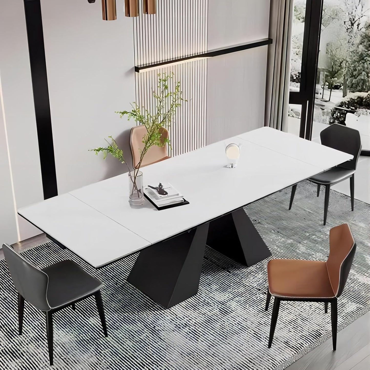 Extendable Dining Table for 8-12 Seat, Flexible Stretch, Tabletop Made from Rock Plate and Tempered Glass, Solid Carbon Steel Base, 35.4" D x 94.5" W x 30" H, White Top