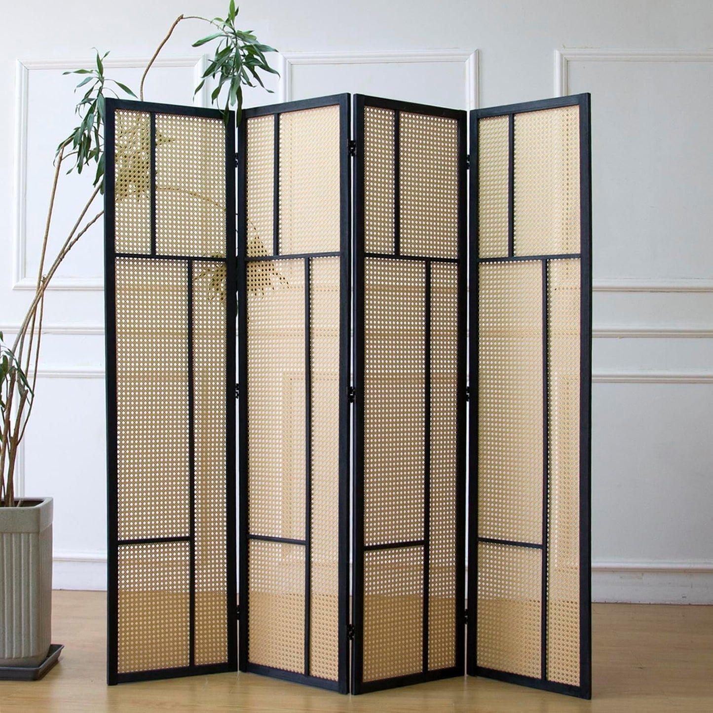 4 Panel Room Divider Screen and Folding Panel Screen,Double Sided Rattan Divider for Room Separation,Brown,67" H x 63" W
