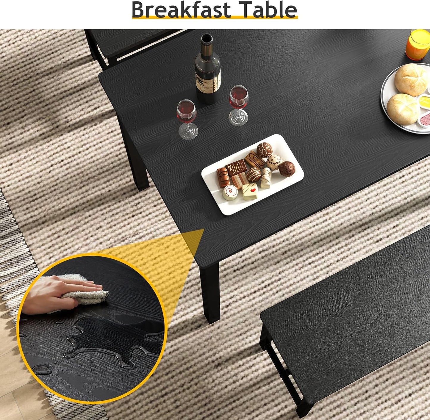 Rovibek 43" Dining Table Benches Set for 4, Modern Space Saving Kitchen Table Chairs & Adjustable Feet Breakfast Table 2 Benches, Wooden Industrial Style Farmhouse, Black