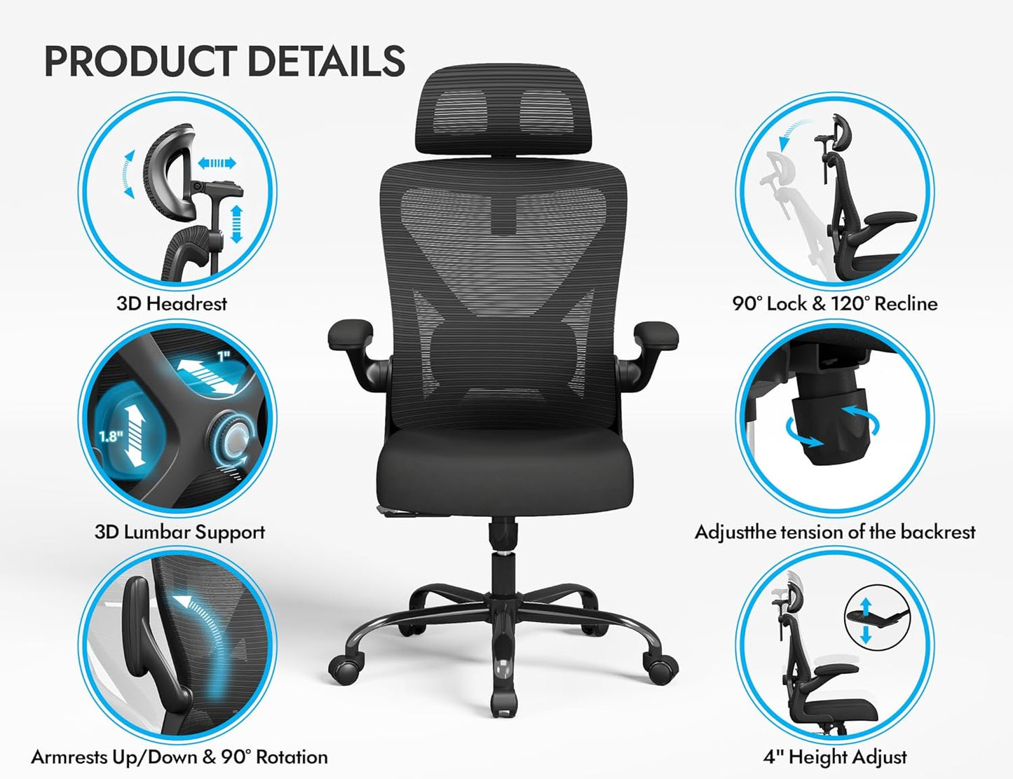 Ergonomic Office Chair - Mesh Desk Chair with Adjustable Lumbar Support High Back Computer Gaming Chairs - Big and Tall Office Chairs Adults, Comfortable for Long Hours, Black