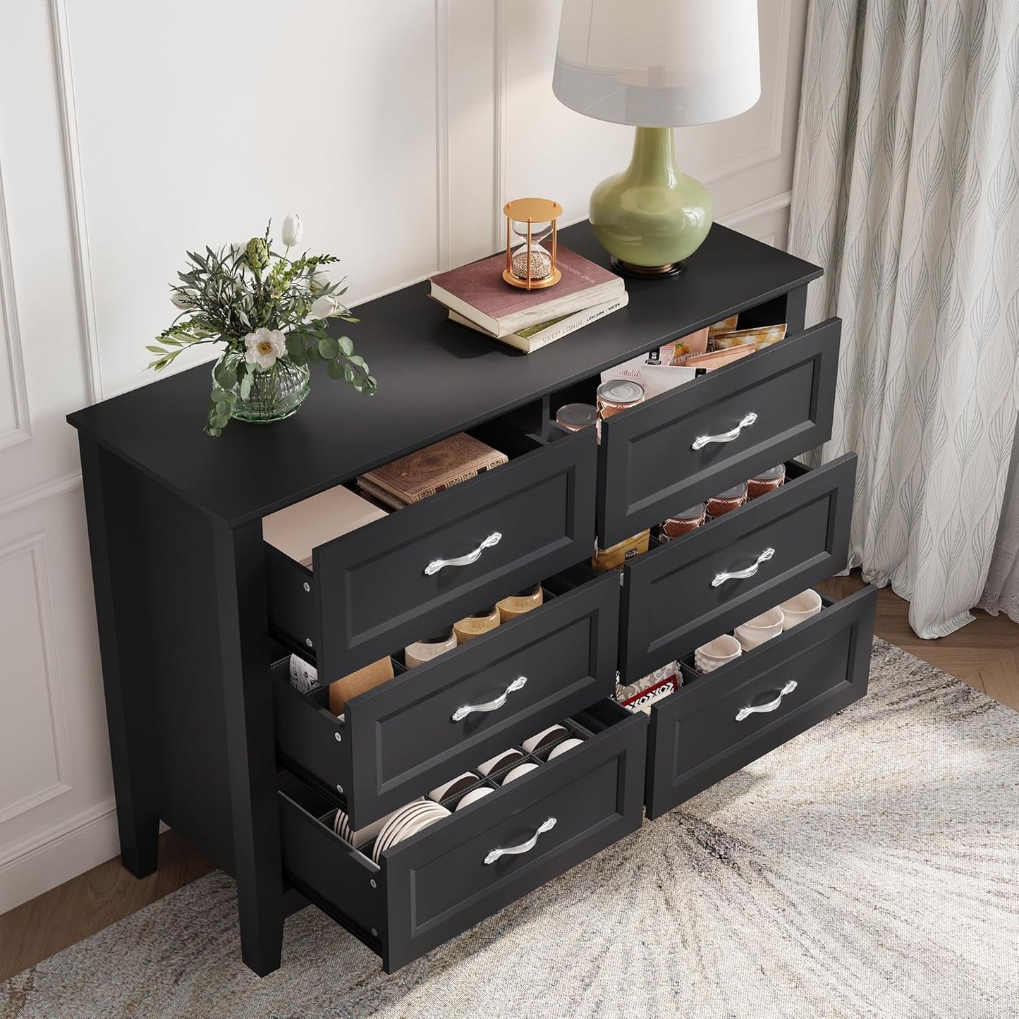 LINSY HOME 6 Drawers Dresser for Bedroom, 47" Wide Wooden Storage Chest with Antique Handles, Modern Farmhouse Dresser TV Stand with Wood Legs for Closet, Living Room, Hallway, Black