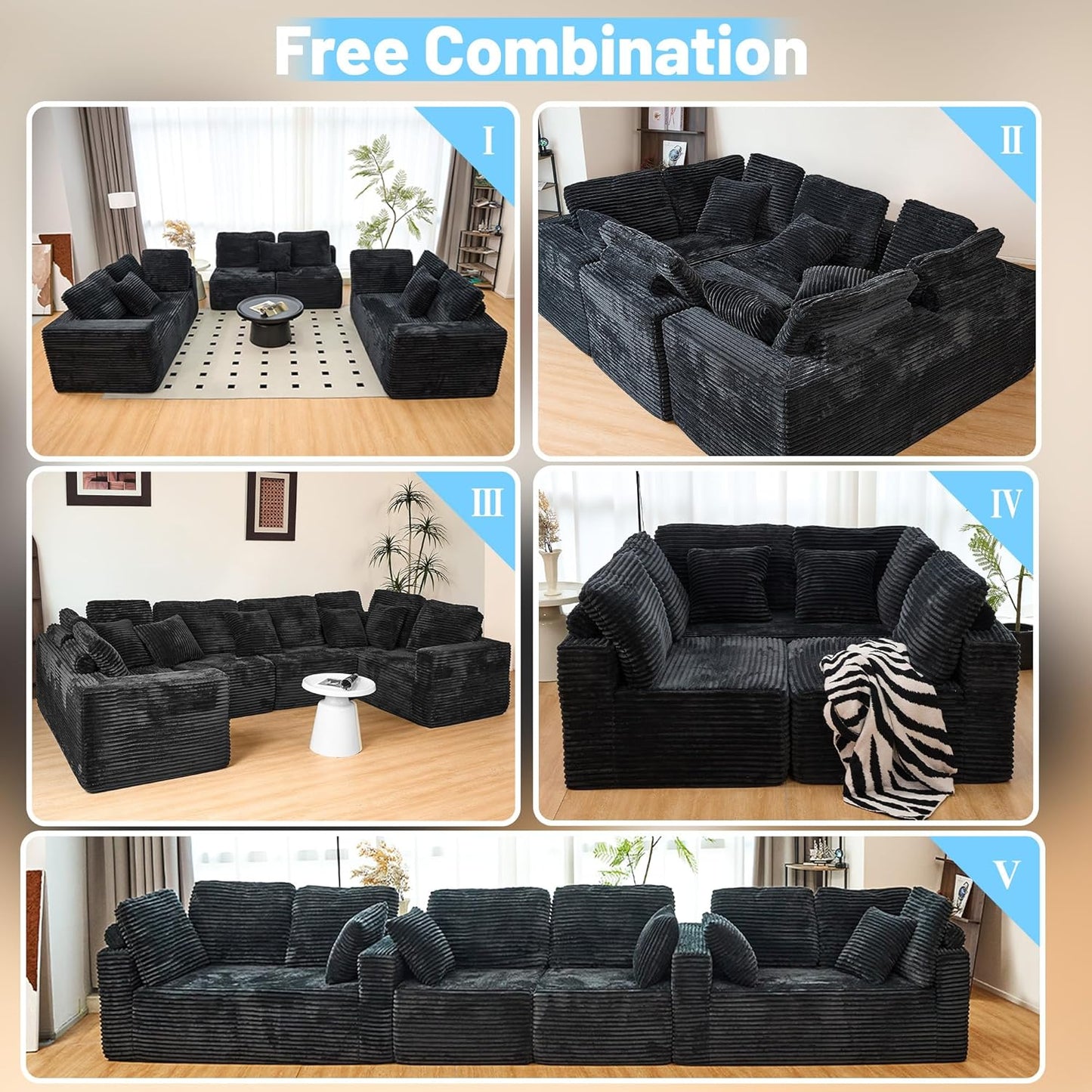 KEIKI 135" U Shape Sectional Sofa,6-Seater Modular Couch with Striped Corduroy Fabric for Living Room,Reversible Design