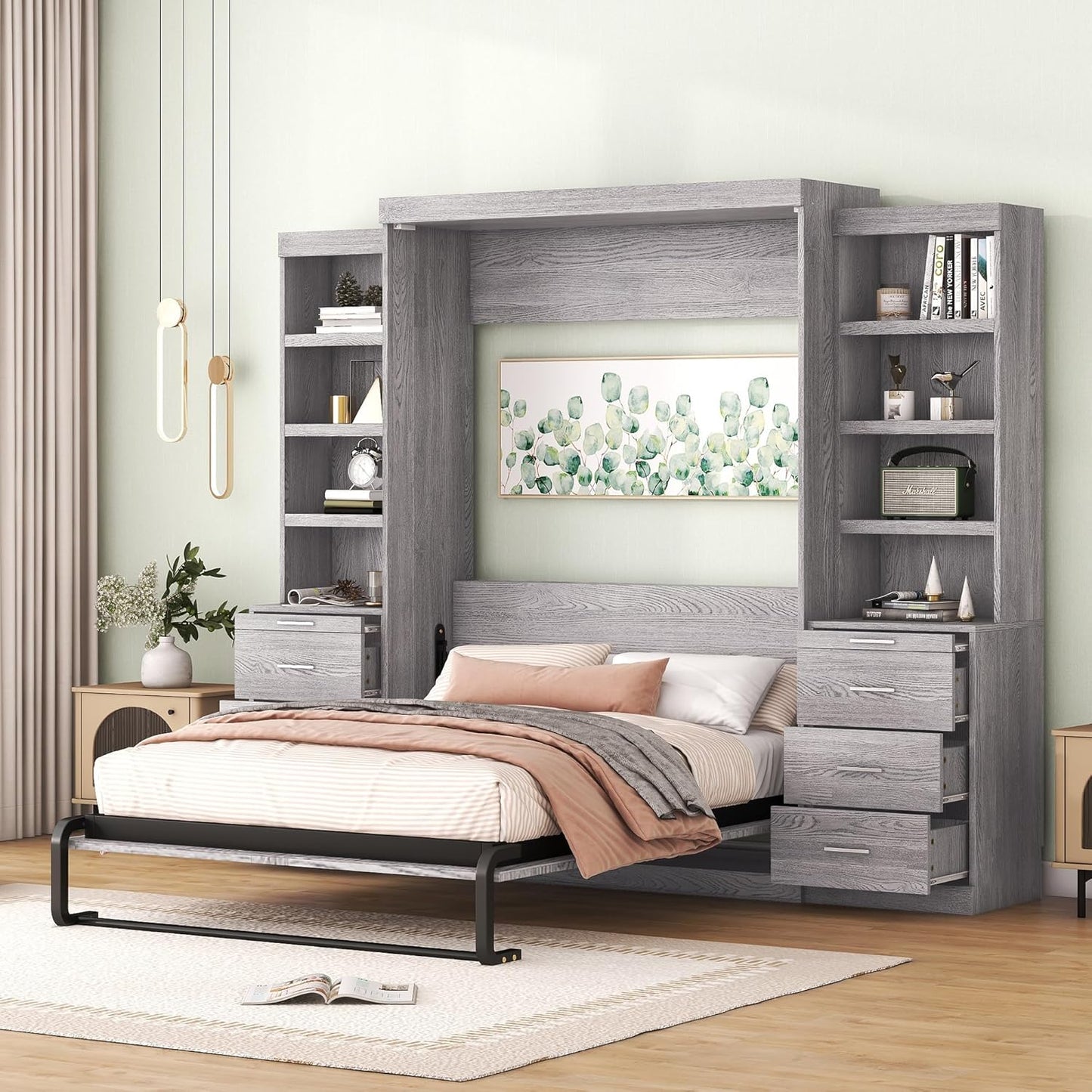 Full Size Murphy Bed with Storage Shelves and Drawers,Easy Fold Wood Wall Bed, Space-Saving Murphy Bed Cabinet for Guest Room Home Office,Gray