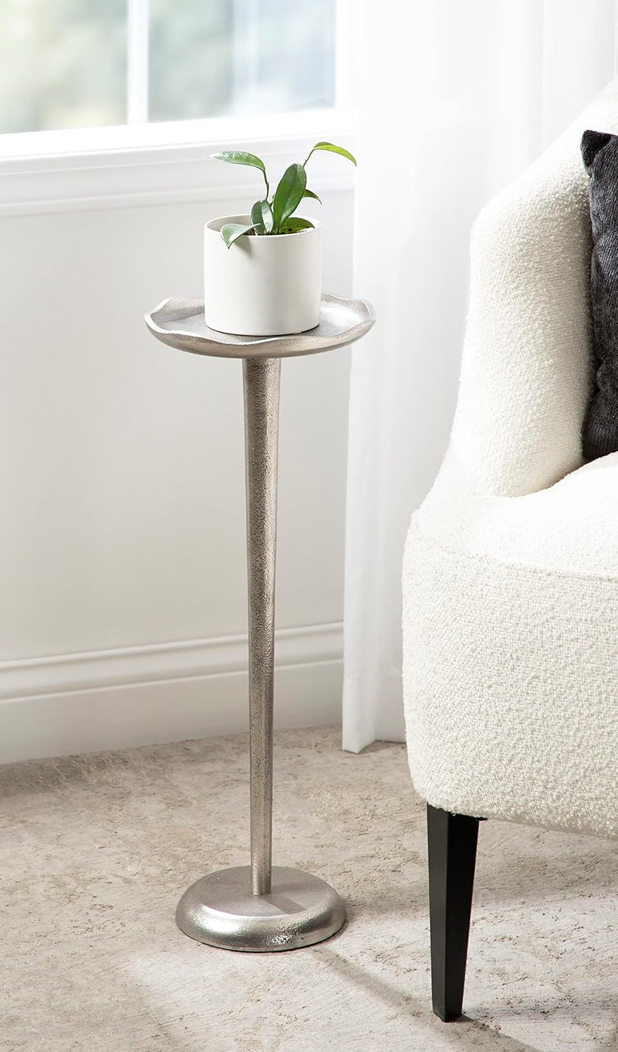 Kate and Laurel Alessia Modern Decorative Metal Drink Table; 8 x 8 x 22; Silver; Stunning Cast Aluminum Pedestal Plant Stand with Rough Texture and Deckled Edge