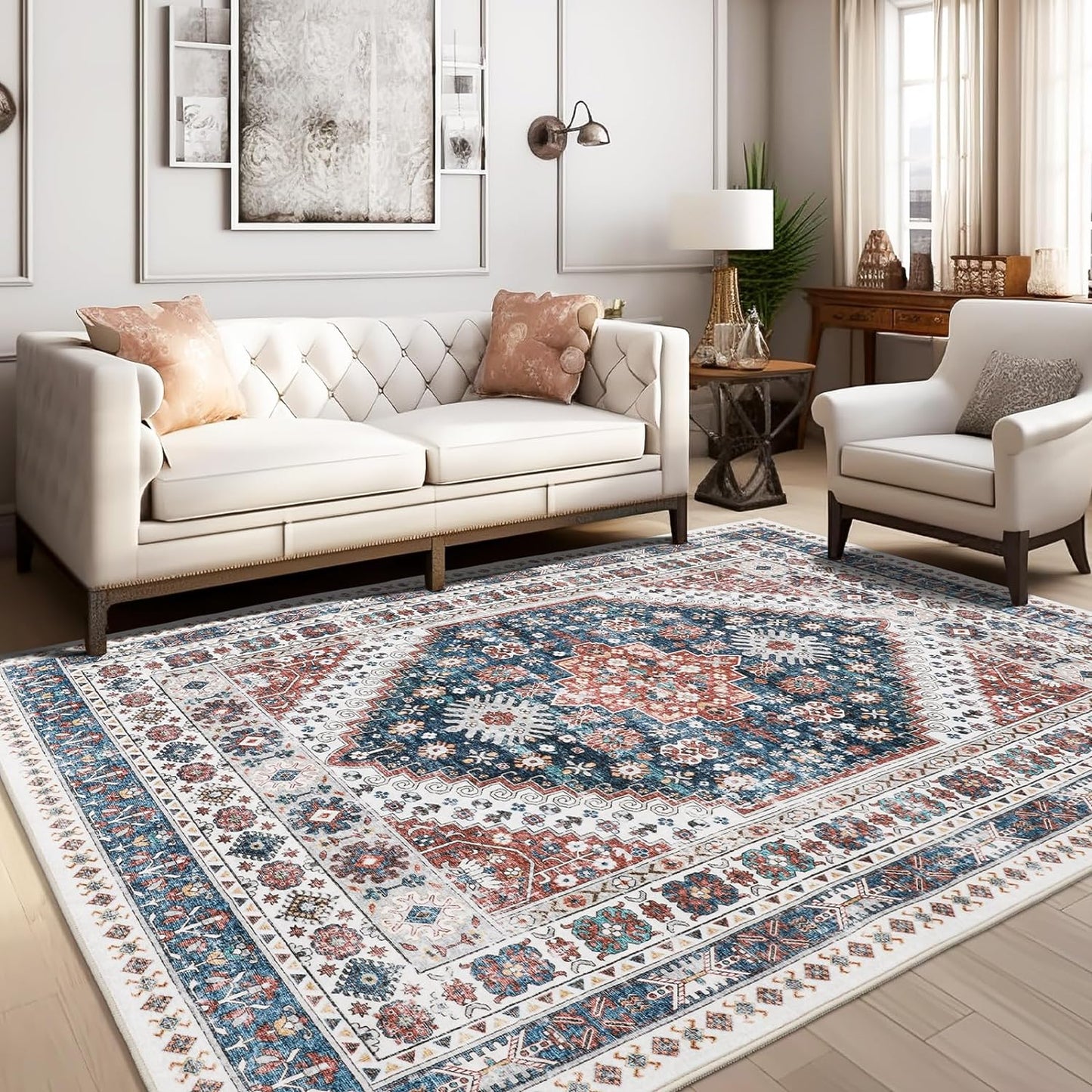 zesthome 5x7 Area Rugs - Ultra-Thin Washble Rug, Stain Resistant Anti Slip Backing Rugs for Living Room,Bedroom, Vintage Home Decor Area Rug (Navy Blue/Red,5'x7')