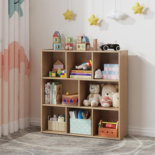 3-Tier Montessori Solid Wood Shelves Toy Organizers and Storage,8-Compartment Storage Cabinet with 4 Wheels,for Toddler Kids Room,Playroom,Classroom,Nursery,Kindergarten