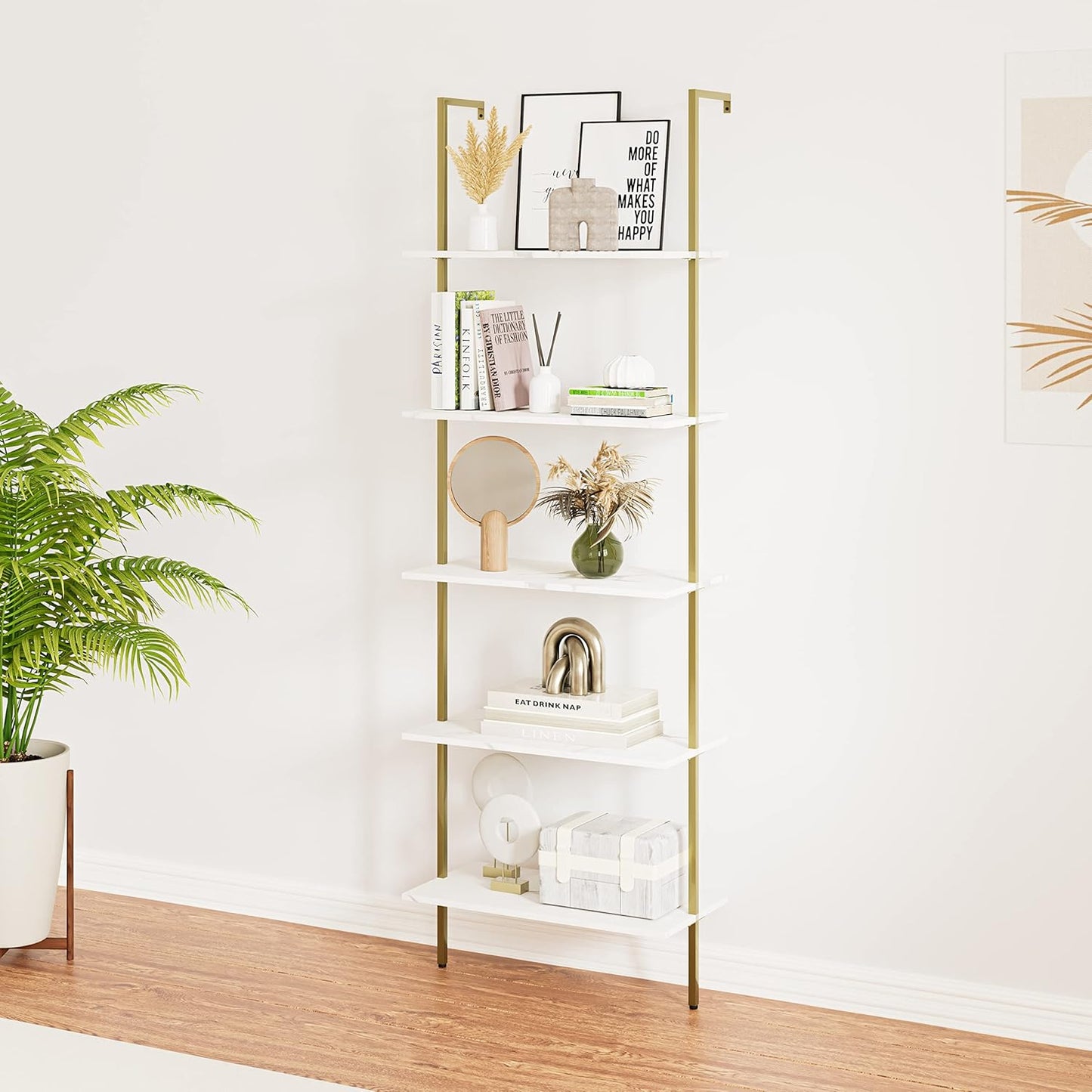 5 Tiers Ladder Shelf White Marble Modern Bookshelf Open Tall Wall Mount Bookcase Standing Leaning Wall Shelves Industrial Decorative