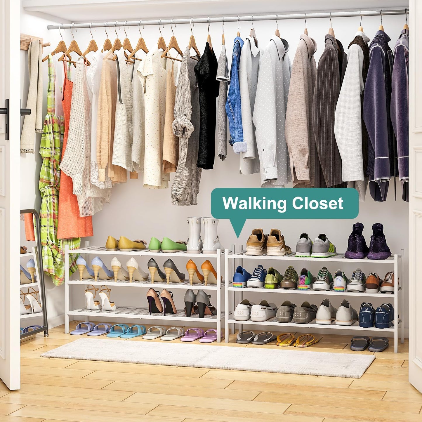 3-Tier Long Shoe Rack, Bamboo Wood Shoe Rack for Closet, Entryway & Hallway, Stackable White Shoe Shelf Storage Organizer for Indoor Outdoor