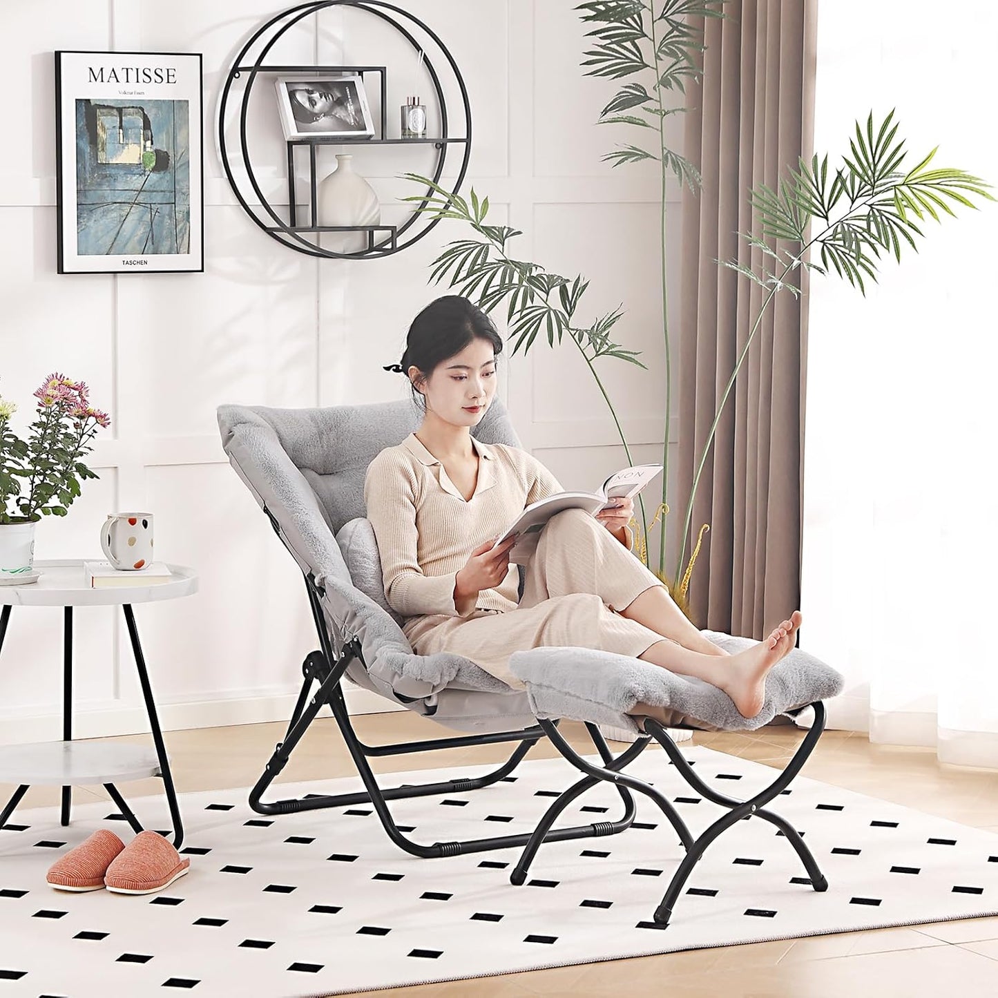 Comfy Saucer Chair with Ottoman, Oversized Folding Faux Fur Chair Soft Furry Lounge Lazy Chair with Metal Frame Moon Chair Accent Chair for Bedroom, Living Room, Dorm Rooms, Grey