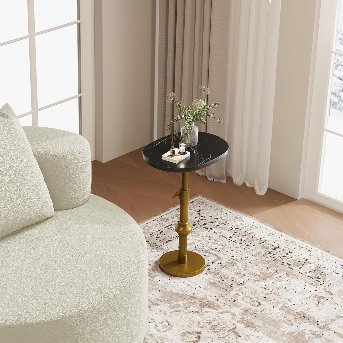 Marble Drink Table, 10"x12"x(22“~30") Martini Table with Metal Antique Brass Adjustable Stand Base, Drink Tables for Small Spaces, Living Room, Bedroom, Or Office (Black)