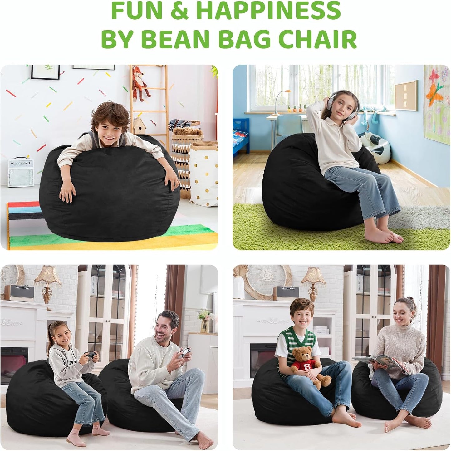 2FT Bean Bag Chair, Comfy Bean Bag Chairs with Memory Foam Filled, Fluffy Beanbag Sofa with Dutch Velvet Cover, Teardrop BeanBag Chairs for Living Room, Playroom - Black