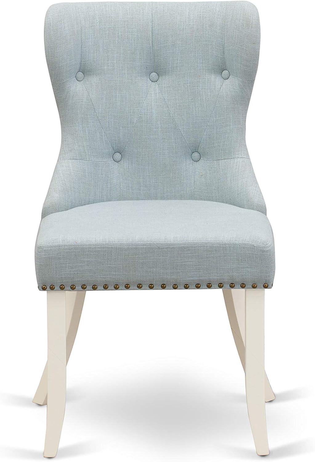 East West Furniture OXSI3-LWH-15 3 Piece Dining Room Furniture Set Contains a Square Dining Table and 2 Baby Blue Linen Fabric Upholstered Parson Chairs, 36x36 Inch, Linen White