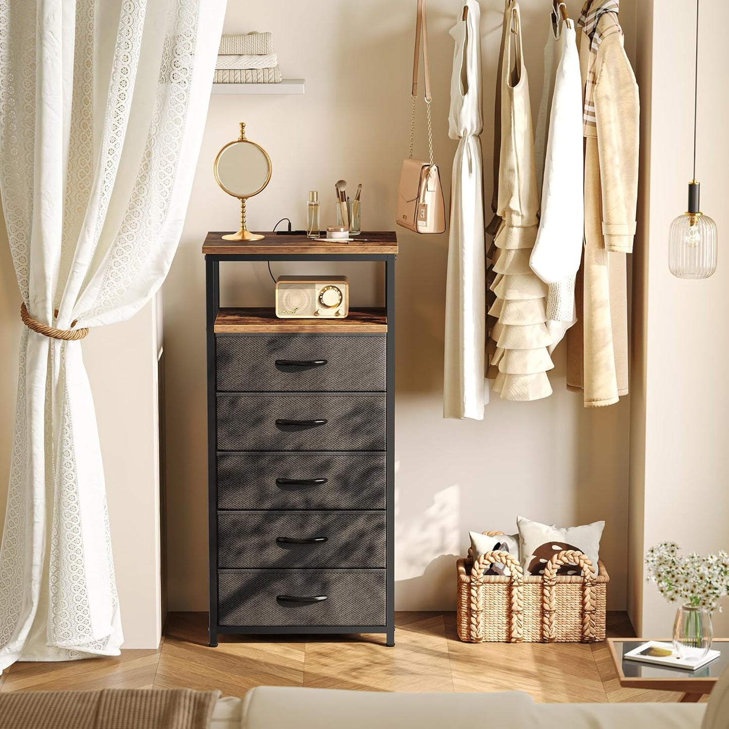 Huuger 5 Drawers Tall Dresser with Charging Station, Dresser for Bedroom, Tall Night Stand, Chest of Drawers with Open Shelf, Bedside Table Nightstand, Fabric, Rustic Brown and Black