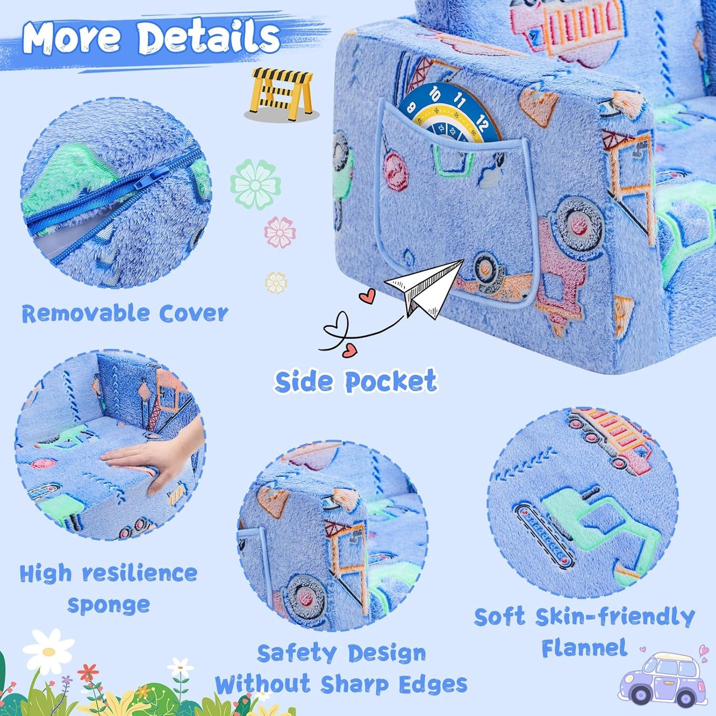 Toddler Chair Comfy,2-in-1 Soft Toddler Couch Fold Out for Kids,Convertible Sofa to Lounger,Gift for Girls and Boys Birthday,Truck