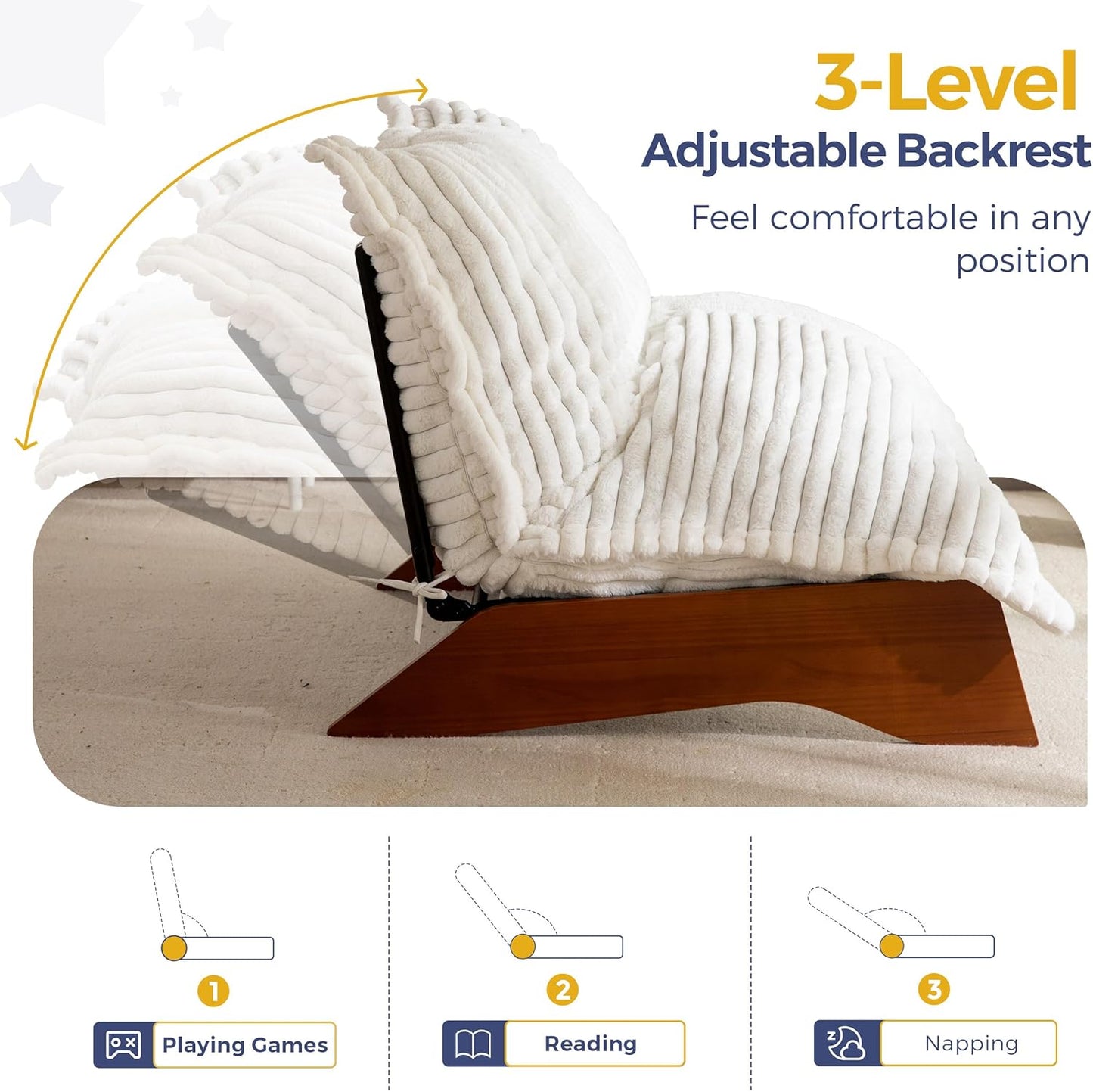 MAXYOYO Adjustable Living Room Chair, 3-Position Bean Bag Chair with Removable Cover, Upholstered Accent Chair with Frame, Soft Reclining Lounge for Bedroom, Apartment, Office, Beige