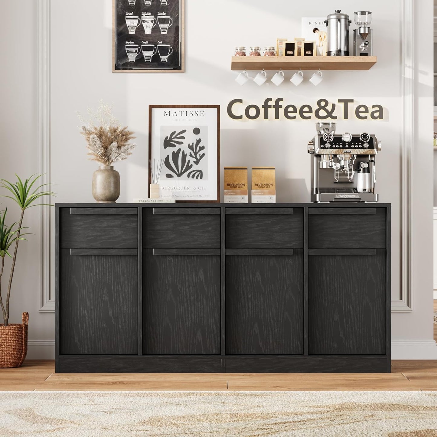 GarveeHome Sideboard Buffet Cabinet with 4 Drawers, 62.4" Large Coffee Cabinet with Storage, Modern Storage Buffet Table for Kitchen Dining Room, Living Room (Black, 4 Doors & 4 Drawers)