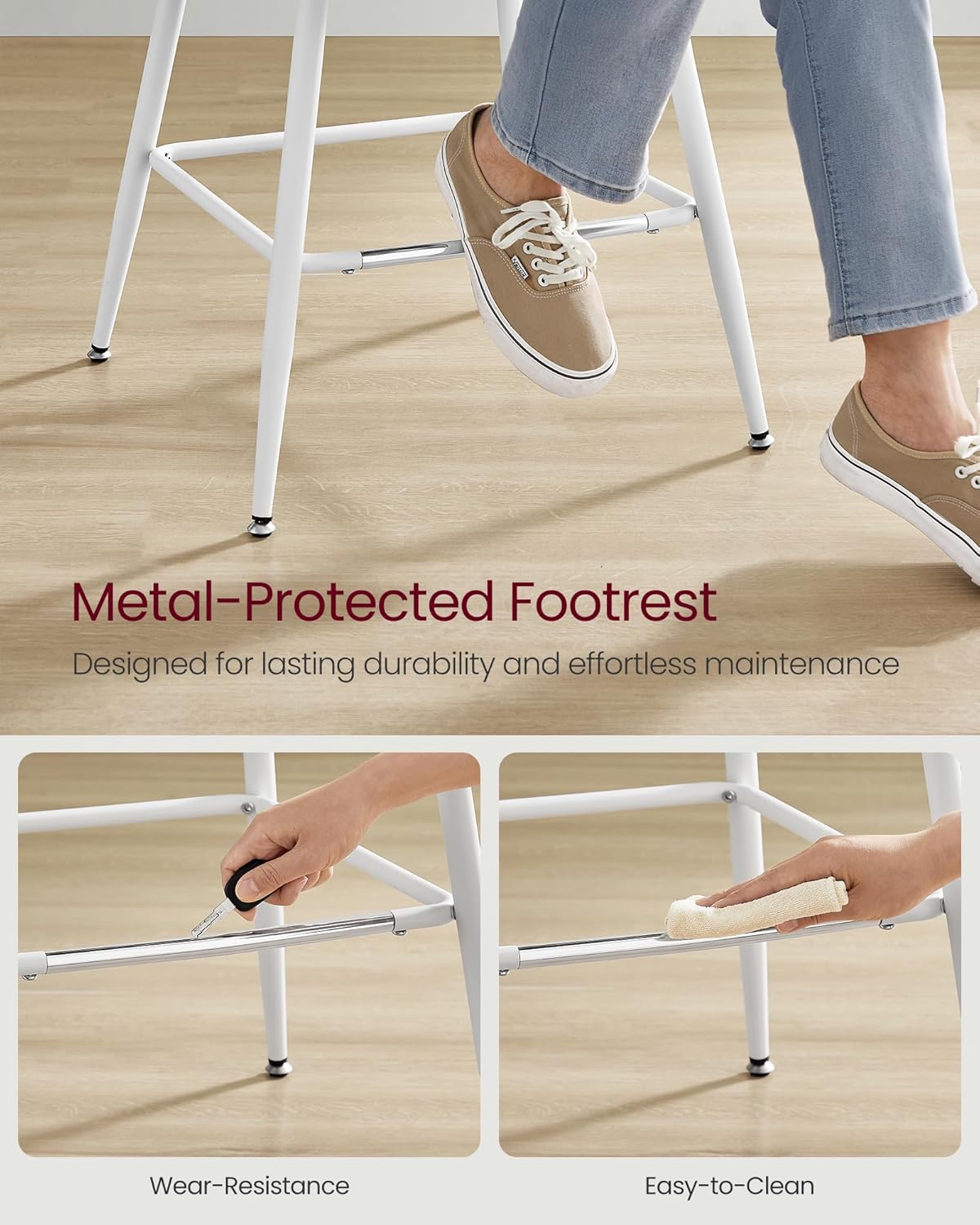 VASAGLE Bar Stools Set of 2, Counter Height Bar Stools with Back, Ergonomic Backrest, Synthetic Leather, Metal Legs, 24.4-Inch Tall Barstools for Kitchen Island Home Bar, Easy Assembly, Dove Gray