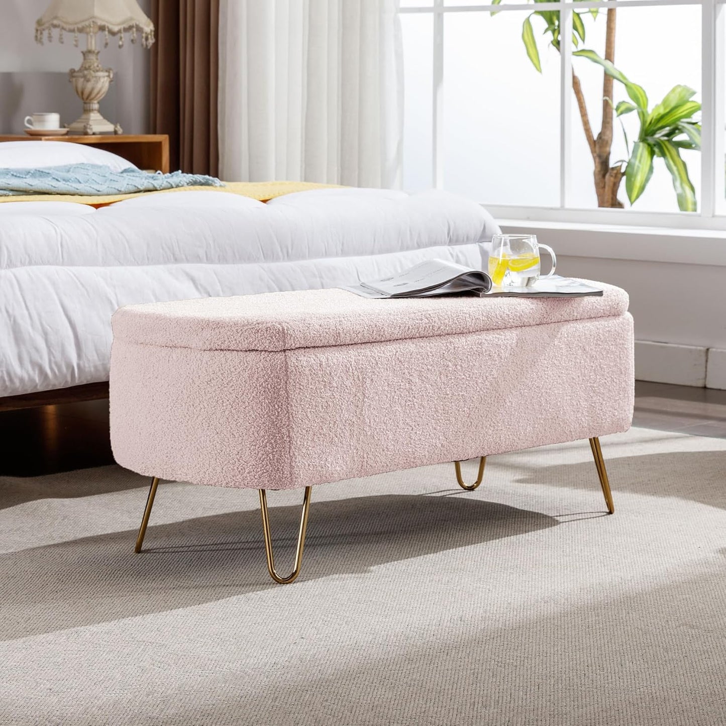 Storage Ottoman for End of Bed with Gold Metal Legs,Modern Faux Fur Entryway Bench Upholstered Padded,for Living Room Bedroom Pink