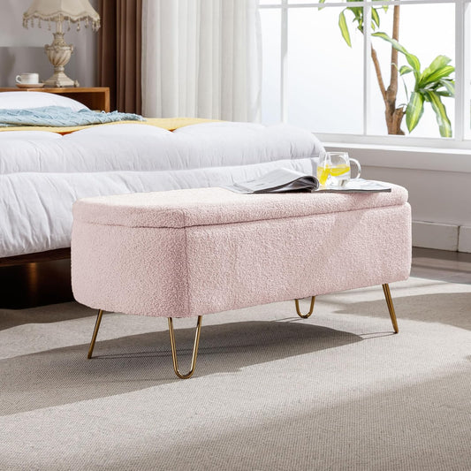 Storage Ottoman for End of Bed with Gold Metal Legs,Modern Faux Fur Entryway Bench Upholstered Padded,for Living Room Bedroom Pink