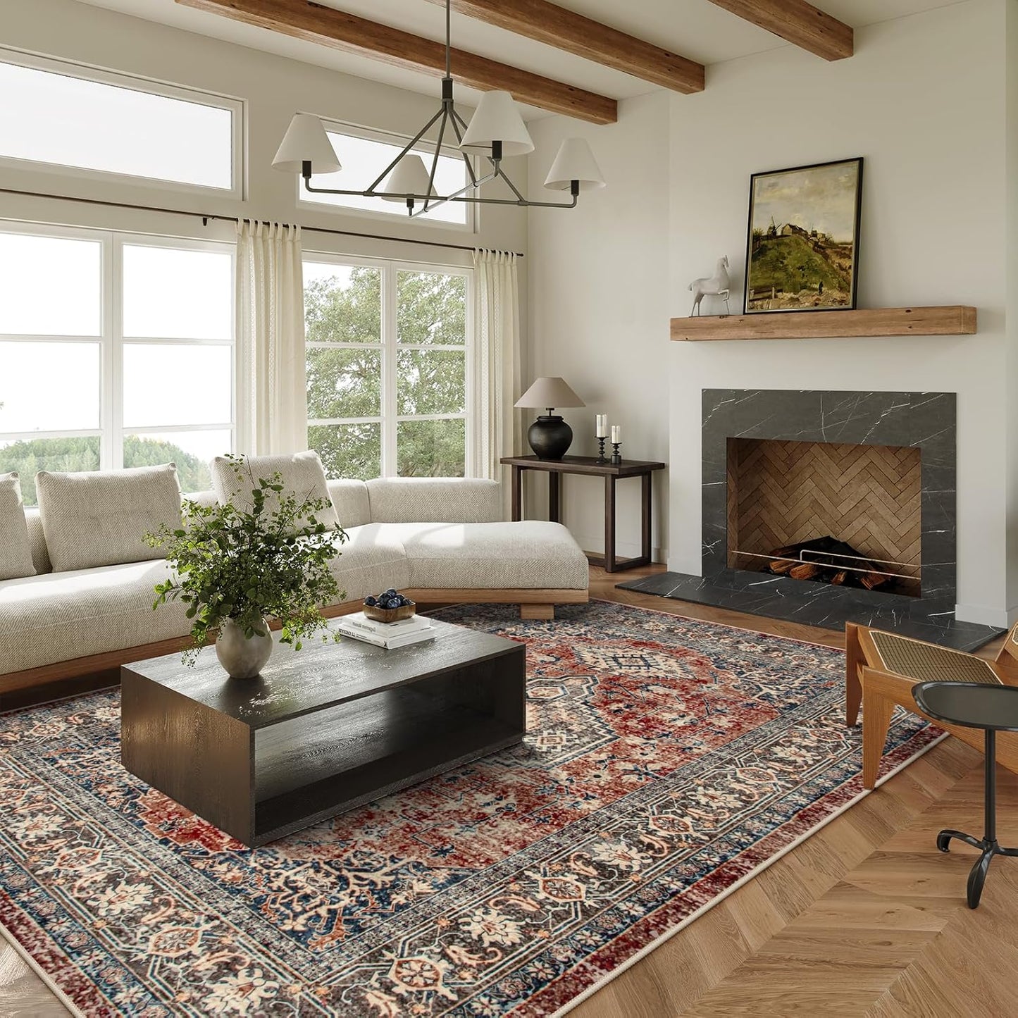 Lahome Oriental Washable Rugs 8x10, Non-Slip Soft 8x10 Rugs for Living Room Bedroom, Stain Resistant Ultra-Thin Vintage Accent Carpet for Dining Room Office, Brick Red