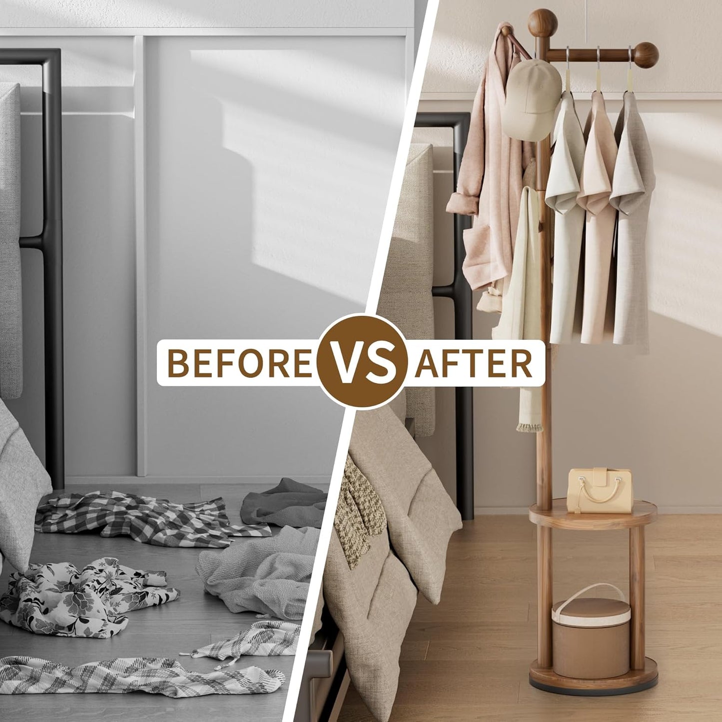 Solid Wood Rotary Coat Rack, Freestanding 360° Swivel Coat Rack with Heavy-Duty Base, 8 Hooks & 2-Tier Shelves for Entryway, Bedroom, Office, Standing Coat Tree for Jackets, Hats, Bags (Walnut)