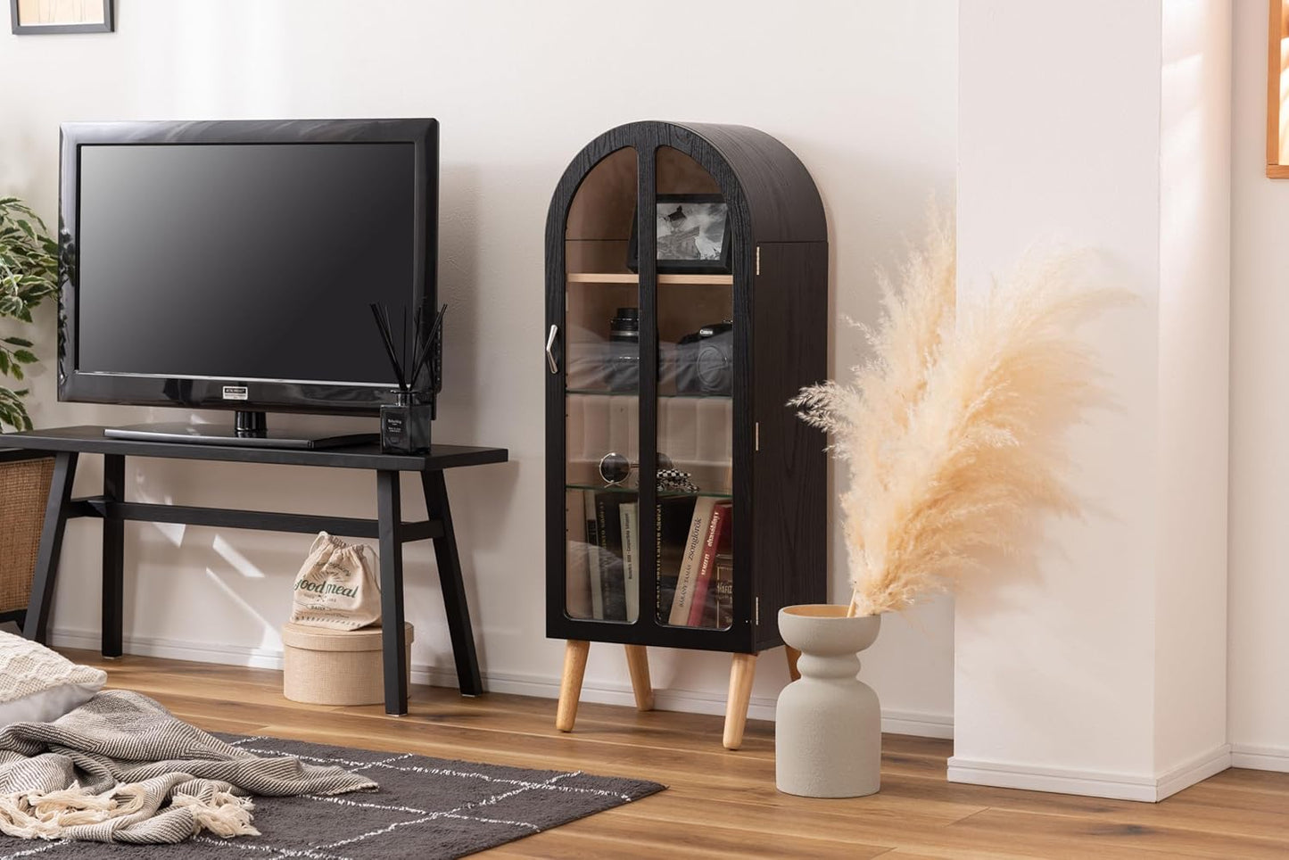 PaletteLife Arched Figurine-Case 4 Tier Collection Shelf, Oak Wood Grain with Glass Door and 2 Movable Glass Shelves, No Mirror, Black, PT-621BK