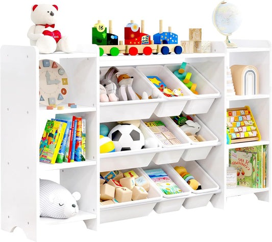 MallBest 4-Tier Kids' Toy Storage Organizer Shelf - 100% Solid Wood, Children's Organizer Cabinet with 9 Plastic Bins and 6 Storage Ports (White)