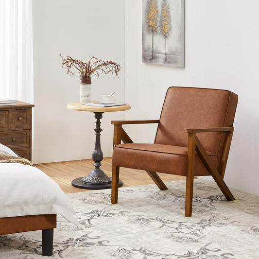 Yaheetech Accent Chair Faux Leather Armchair Lounge Chair with Wood Frame, Modern Retro Lounge Chair for Living Room/Office/Reception Area, Light Brown