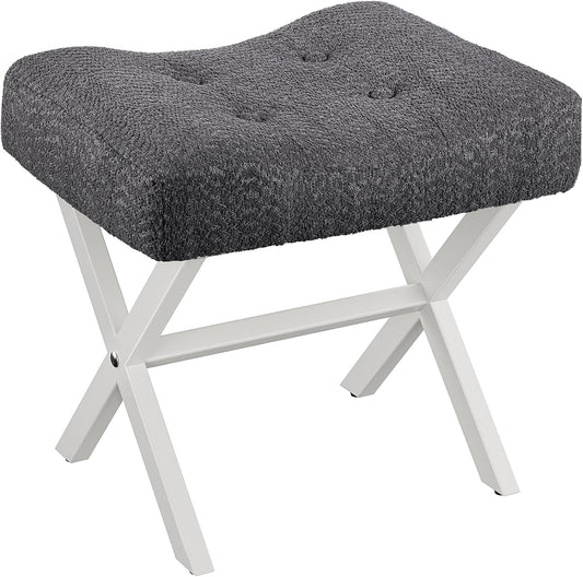 18-Inch Large Vanity Stool Chair, Vanity Bench with Metal X-Legs, Ottoman Foot Stool with Breathable and Soft Boucle Fabric Saddle Seat, Grey