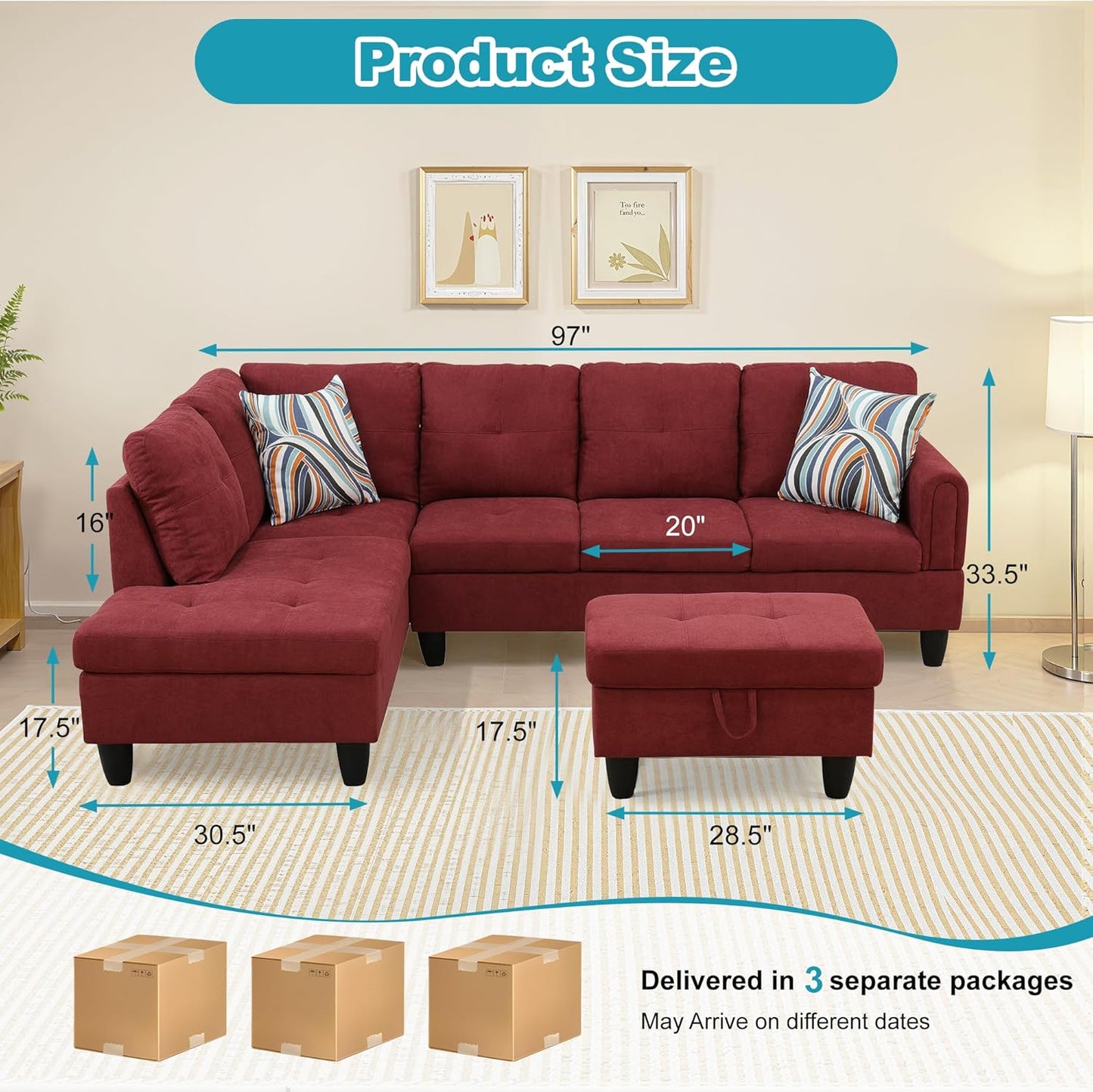 L Shaped Couch Modern Sectional Couch Upholstered Fluffy Fabric 3 Pieces Sofas for Living Room with Chaise, Storage Ottoman for Office and Small Apartment, Red