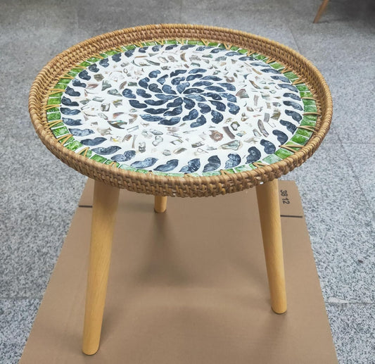 Round Rattan Side Table, Handmade Rattan Tray with 3 Legs, Mother of Pearls Inlay Coffee/Accent Table, Round end/Side Tables for Living Room, Bedrooms, Pedestal Plant Stand for Balcony