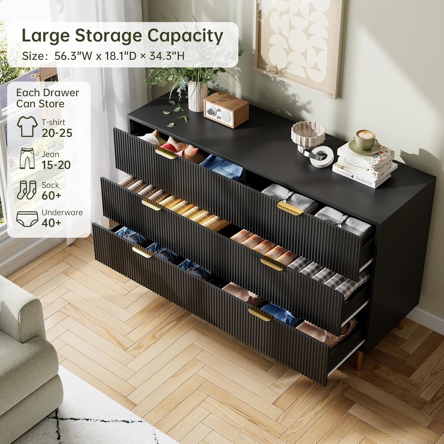 GarveeHome Black Dresser, Modern 6 Drawer Dresser for Bedroom with Gold Handle and Large Drawer, Wood Double Chest of Drawers and Storage Organizer for Living Room, Hallway, Entryway