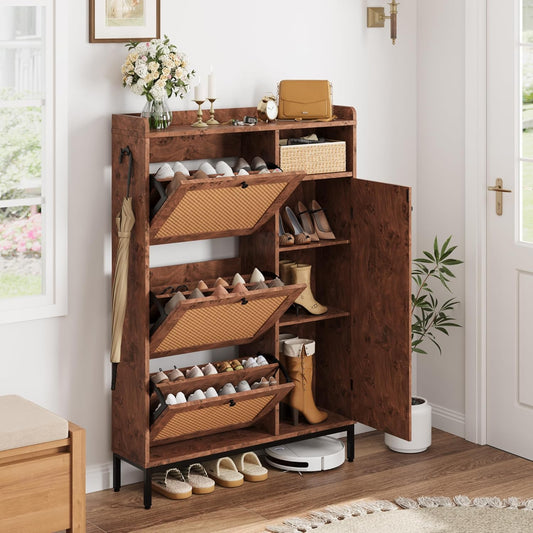 GarveeHome Shoe Cabinet Rattan with 3 Flip Drawers and 4-Tier Shoe Storage Cabinet, Freestanding Shoe Organizer with Adjustable Shelves for Entryway, Closet, Hallway (Tree Pomegranate)