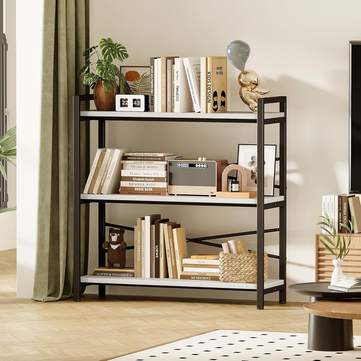 Book Shelf, 3 Tier Bookshelf 31.49" Width, Book Shelf Storage and Organization, Wooden and Metal Industrial Bookcase, Large Book Shelves for Home Living Room Bedroom Office Storage(White)