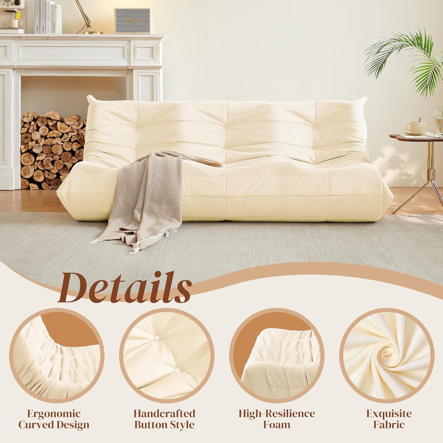 Bean Bag Chair, Large Fireside Chair Bean Bag Sofa for Adults, 3 Seater Bean Bag Chairs for Teens with High-Resilience Foam, Memory Foam Bean Bag for Living Room, Bedroom, Office (Suede, Beige)