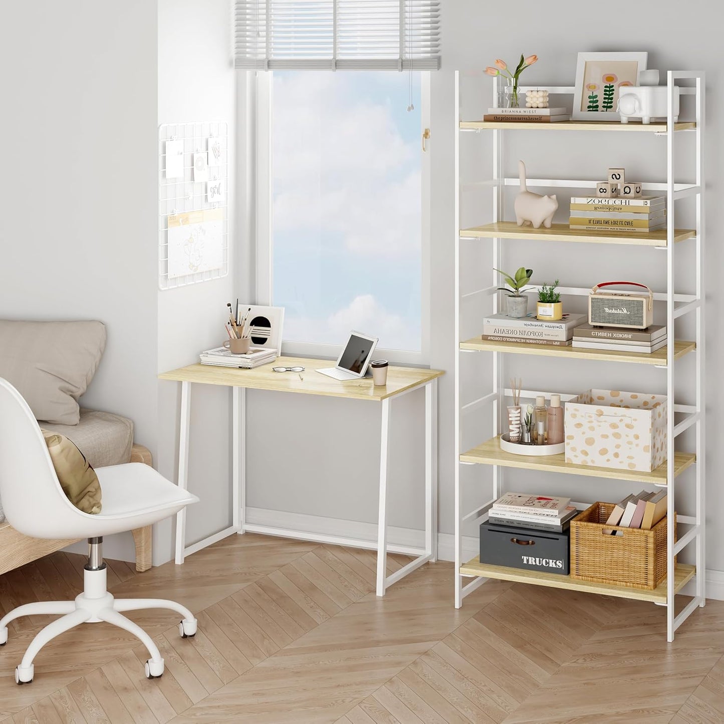 BHG Vintage Multifunctional Folding Bookshelf, No-Assembly Plant Stand Storage Rack Shelves for Home Office (White, 5-Tier)