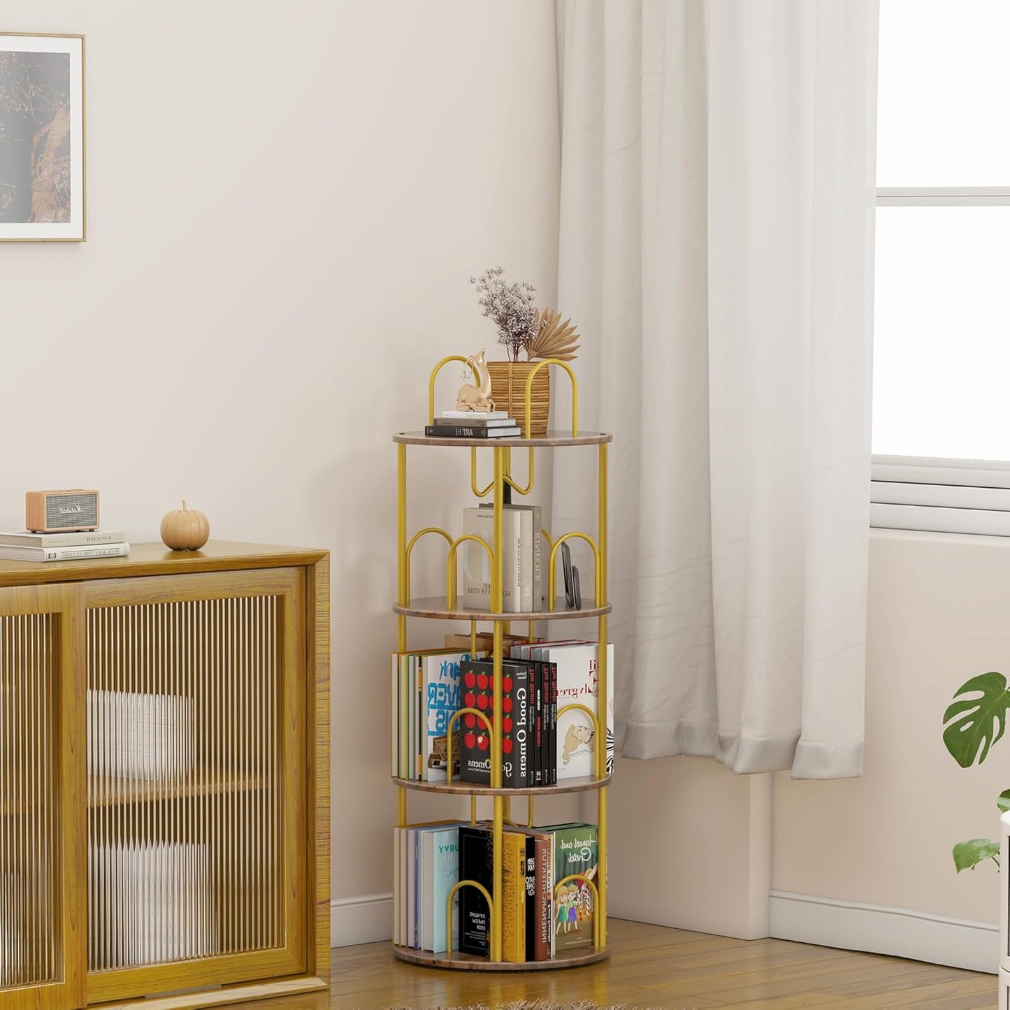 3 Tier Rotating Bookshelf, 360° Spinning Bookshelf Tower, Round Narrow Space Saving for Books and Display, Revolving Bookcase Corner Tall Book Shelf for Small Spaces, Bedroom, Living Room, Gold+Brown