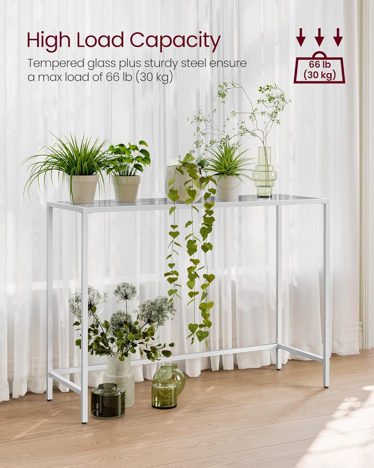 VASAGLE Entryway Table, Console Table, Tempered Glass Tabletop, Modern Sofa Table, Easy Assembly, with Adjustable Feet, for Living Room, Entryway, Pearl White and Slate Gray ULGT026W01