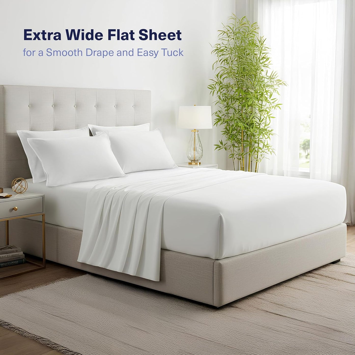 Kickoff Viscose Bamboo Sheets Twin XL Size 3-pc 100% Organic Bamboo Viscose Bed Cooling Sheets Twin XL Size Set Cool Bedding for hot Sleepers Sheet, Flat, Fitted, Pillowcase (Snow White, TXL)