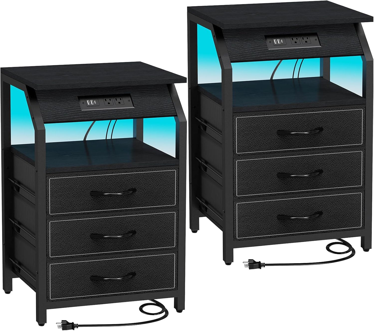 End Tables Set of 2, Nightstands with Charging Station and LED Lights, 3 Drawers Fabric Dressers, Storage Side Tables for Bedside, Living Room, Modern Black