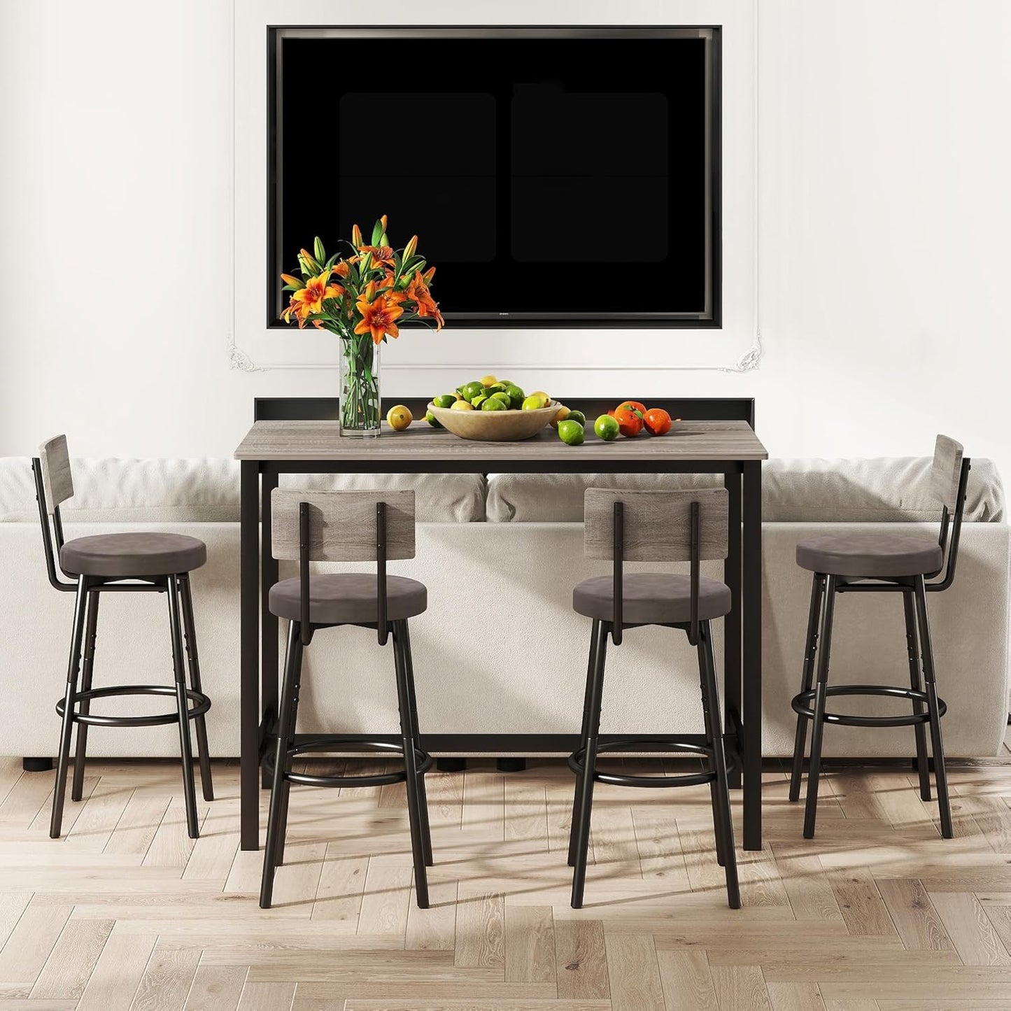 Tatub Bar Table and Stools Set of 4, 5 Piece Counter Height High Breakfast Table Chairs Set of 4 for Dining Room, Gray