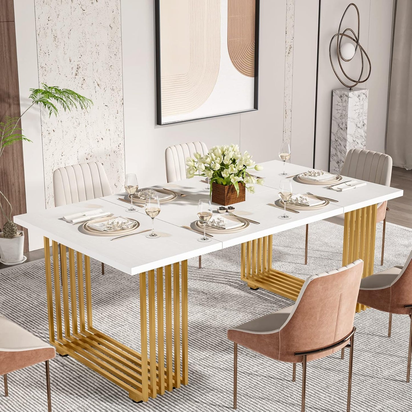 Tribesigns Modern Dining Table for 6-8 People, 70.8 Inches Long White Room Kitchen, Wood Kitchen with Gold Metal Legs, Rectangular Dinner Room, Family Gathering