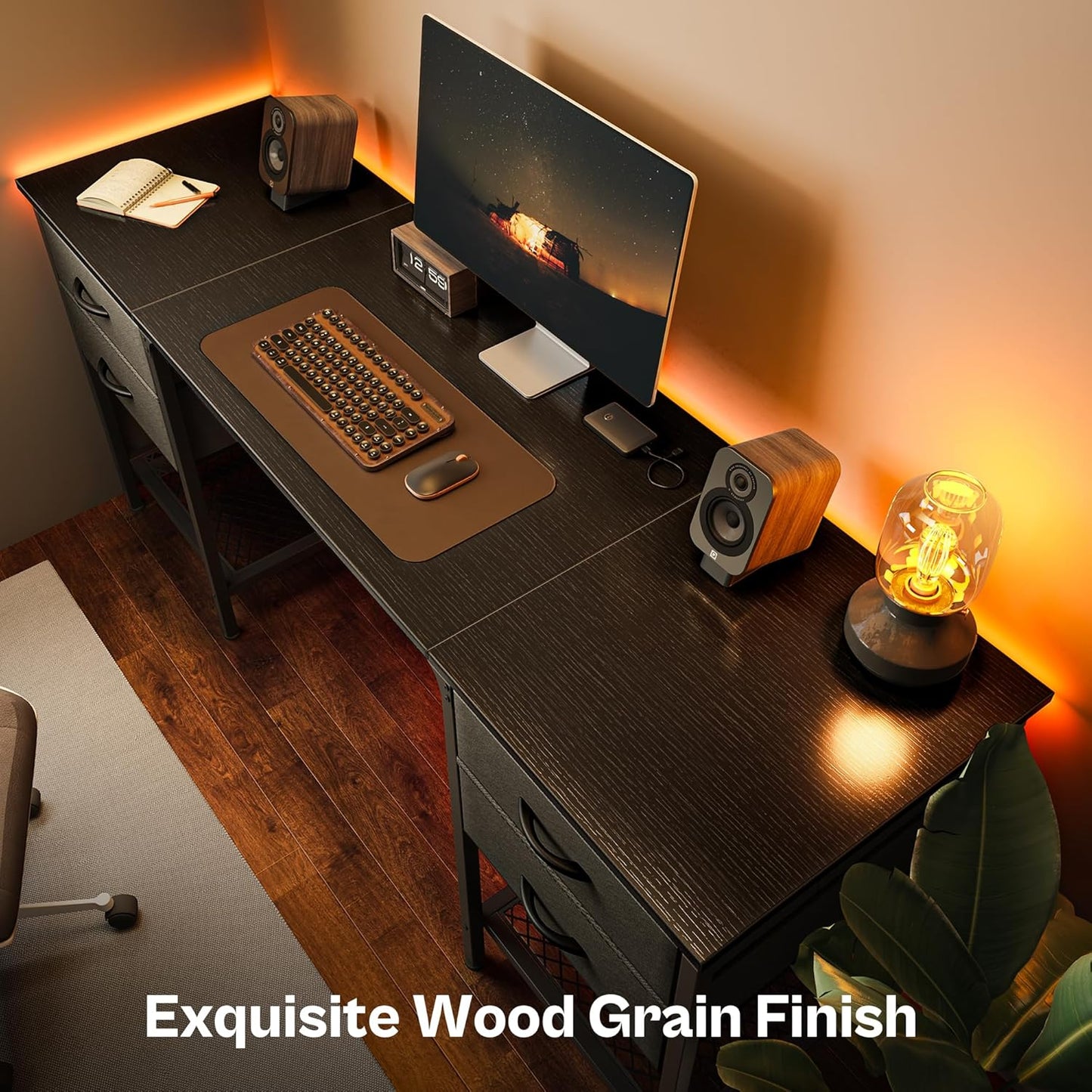 Huuger 63 Inch Computer Desk with 4 Drawers, Mesh Shelf, Gaming, Large Storage, Writing Work Desk for Home, Study, Bedroom, Work from Home, Black